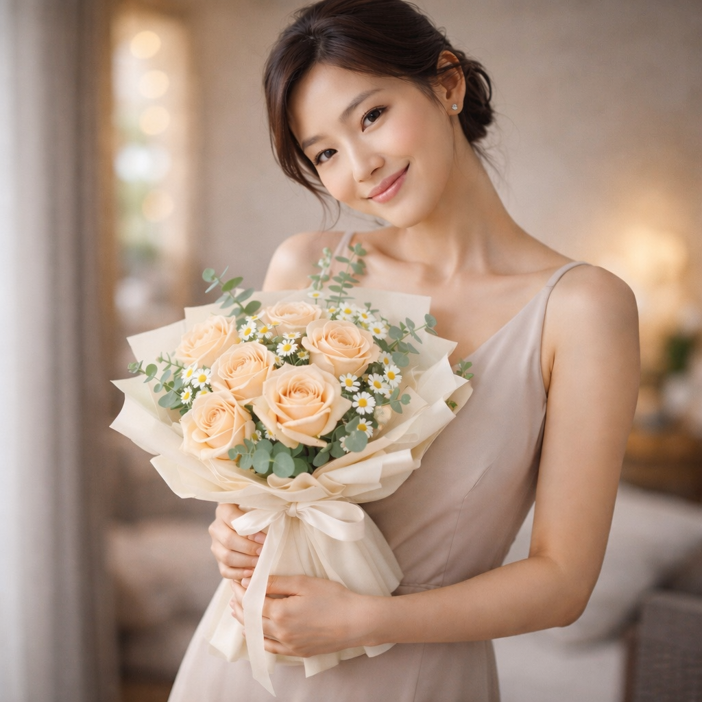 Champagne Whisper (Champagne Roses, Chamomile, Eucalyptus) | Fresh Flower Bouquet