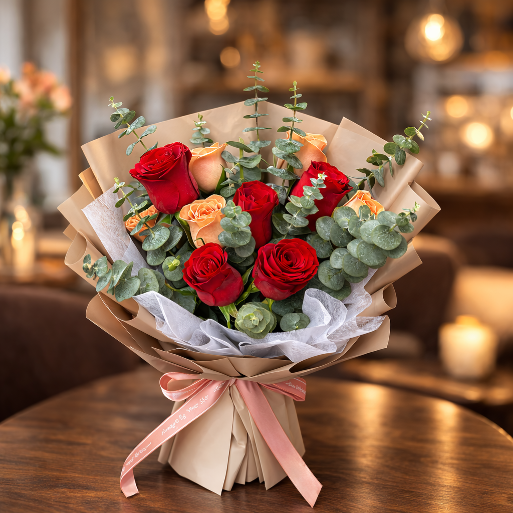 Crimson Chant (Roses, Eucalyptus) | Fresh Flower Bouquet