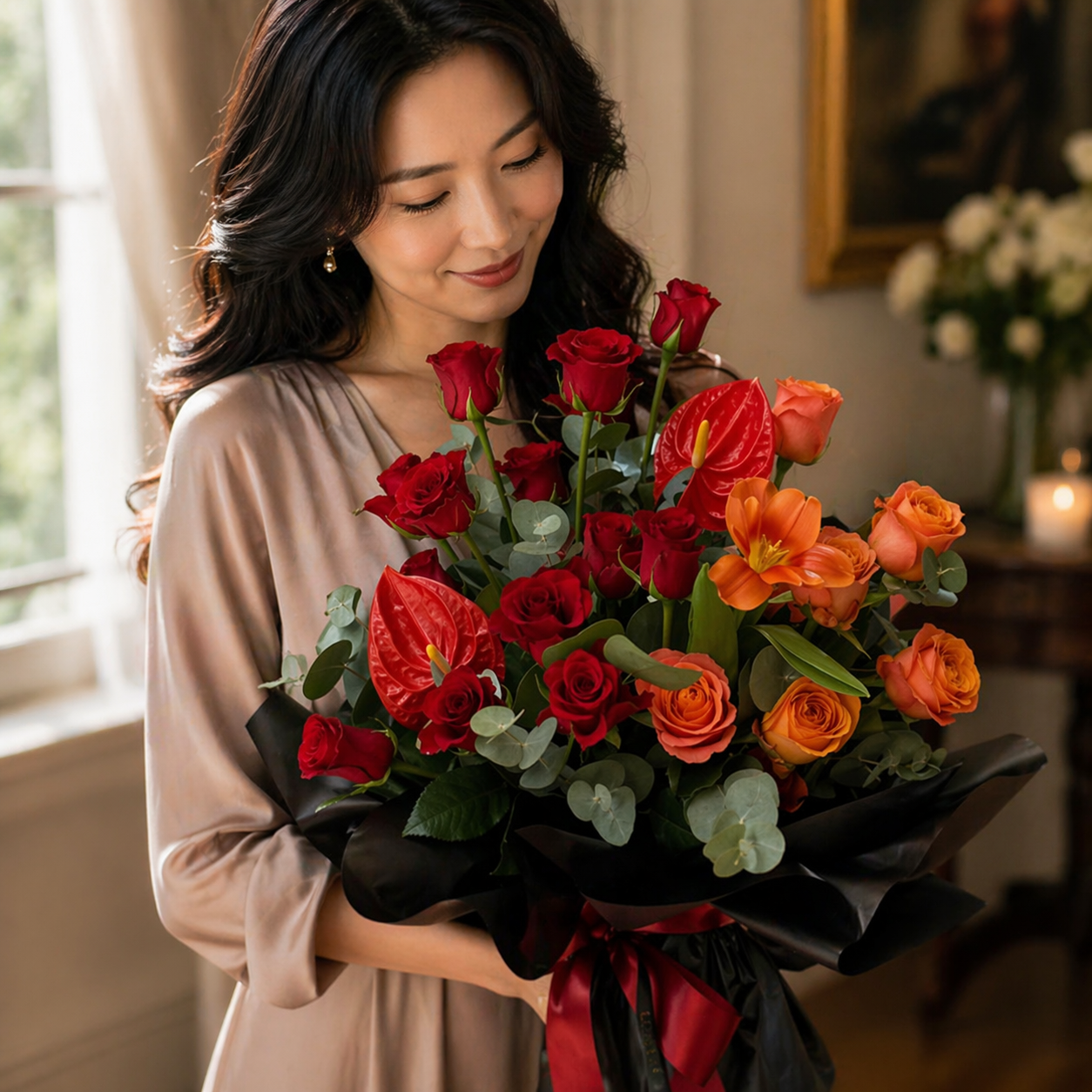 Ember Bloom (Red Roses, Anthurium, Lilies) | Fresh Flower Bouquet