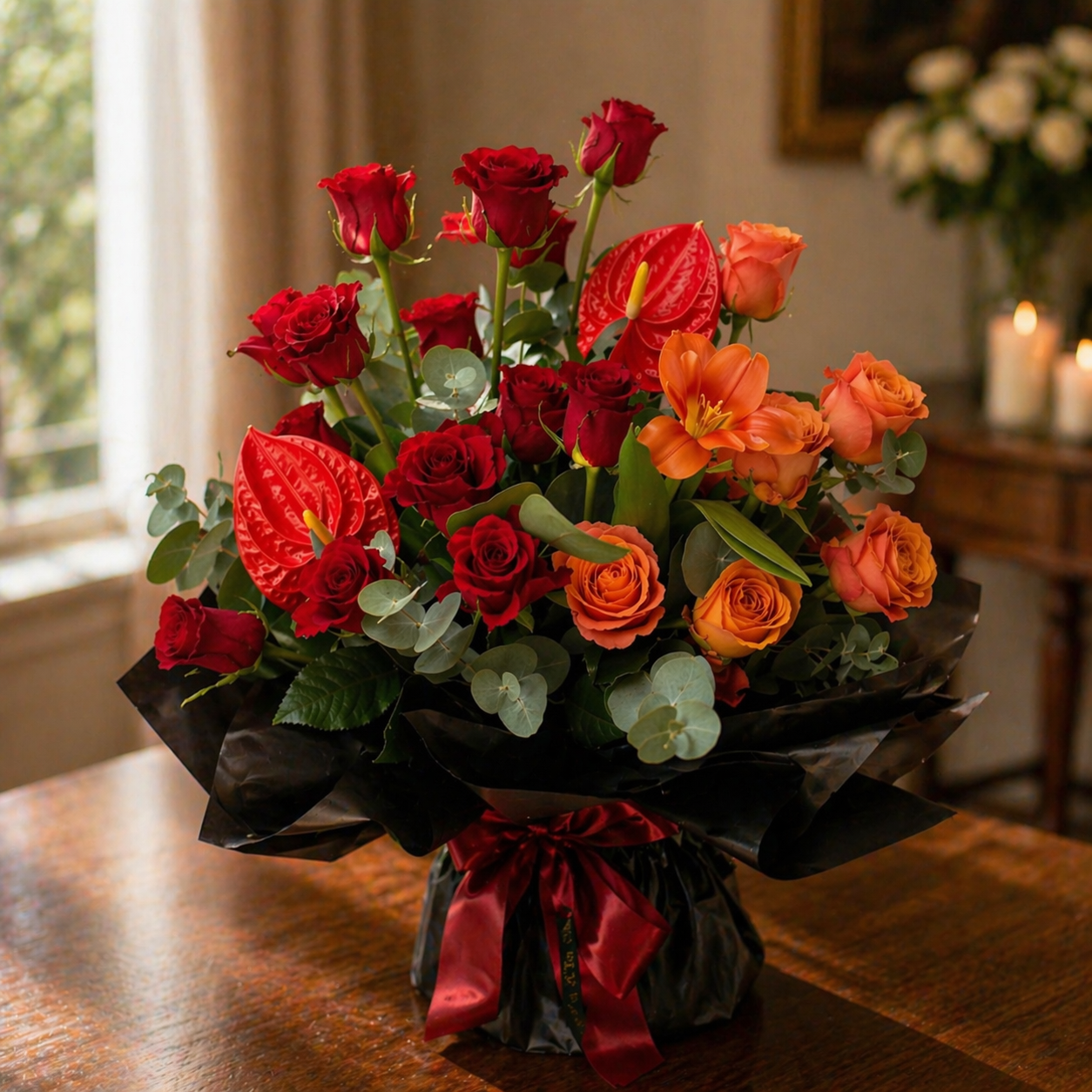 Ember Bloom (Red Roses, Anthurium, Lilies) | Fresh Flower Bouquet
