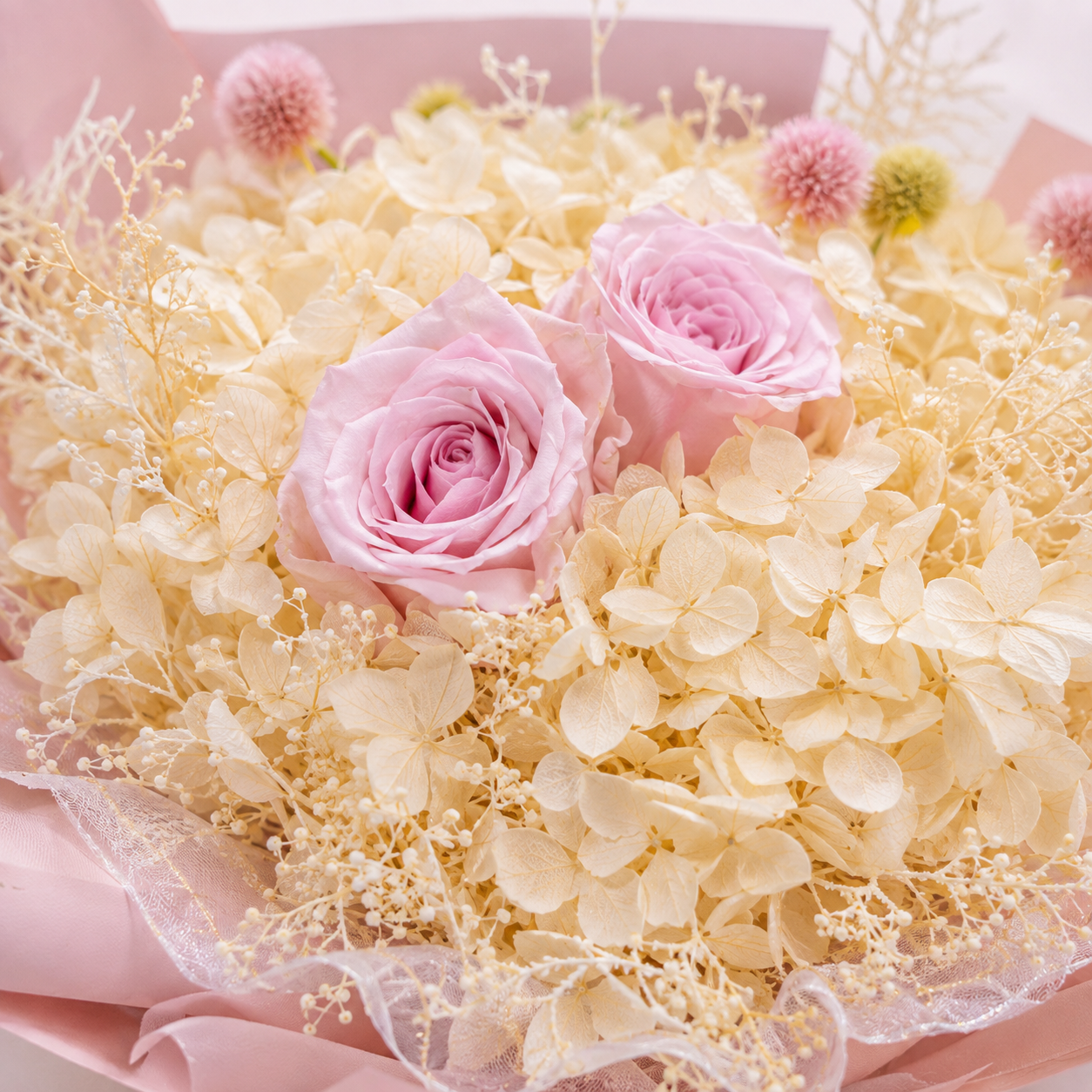 Powdered Grace (Hydrangea, Baby's Breath, Pink Roses) | Preserved Flower Bouquet