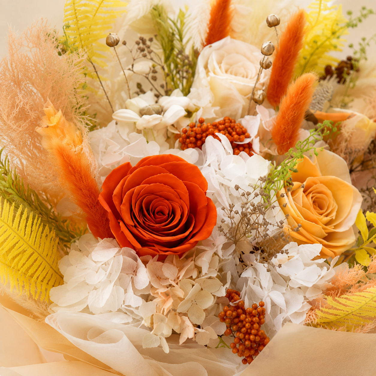 Apricot Muse (Roses, Hydrangea, Bunny Tail) | Preserved Flower Bouquet