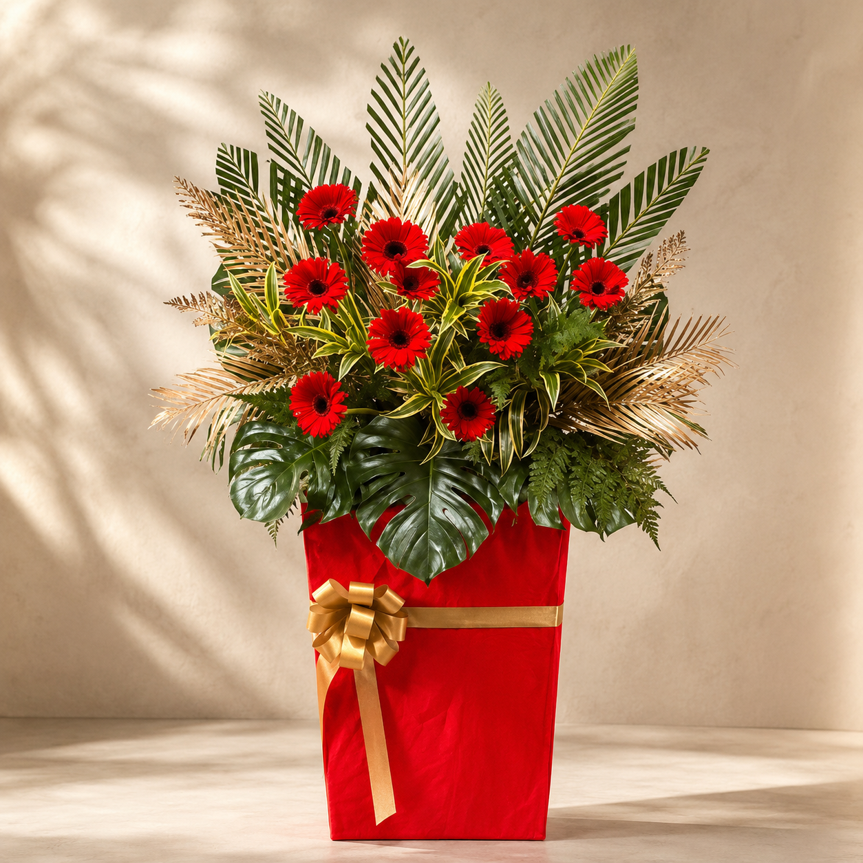 Scarlet Halcyon (Gerberas, Monstera, Palm Leaves) | Grand Opening Stand