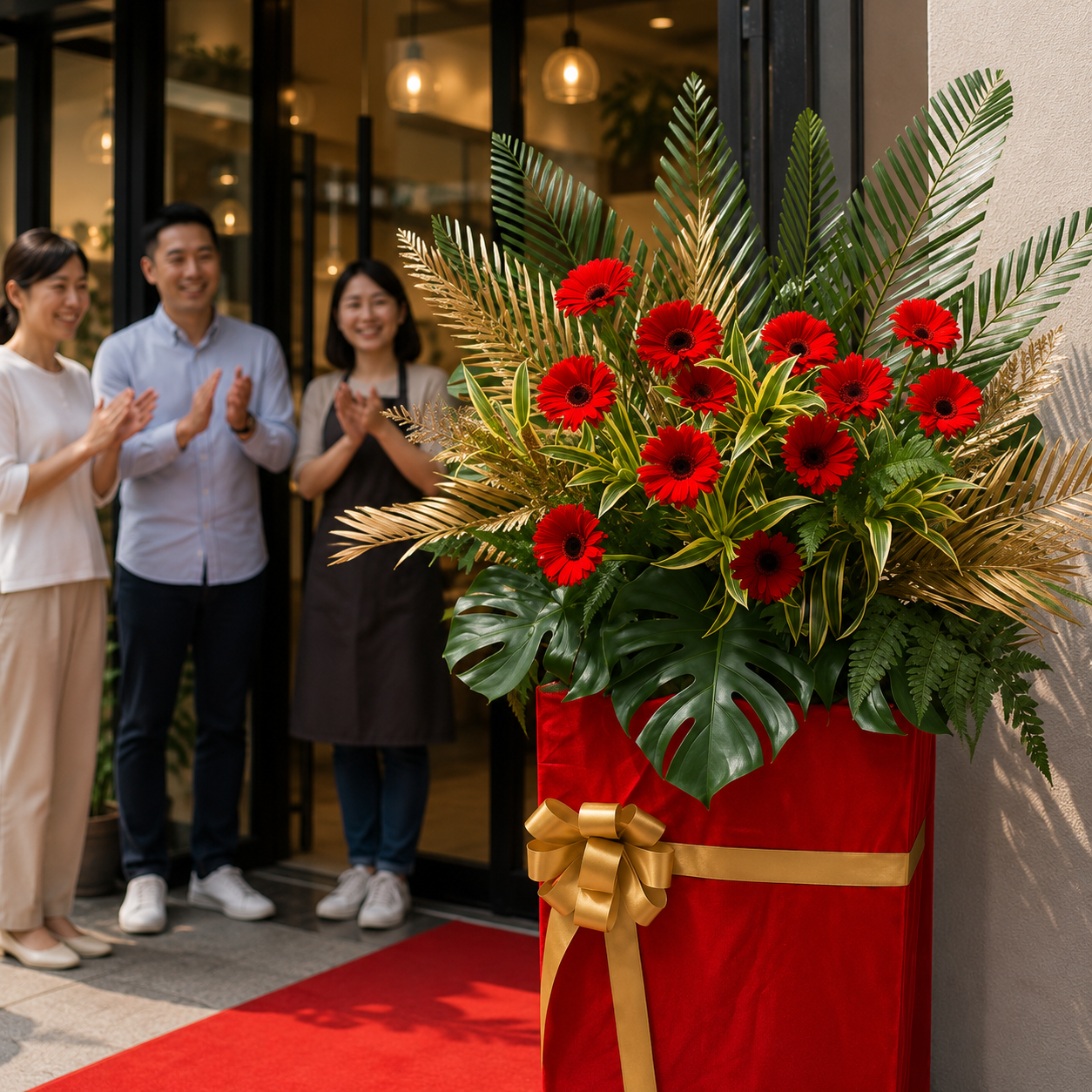 Scarlet Halcyon (Gerberas, Monstera, Palm Leaves) | Grand Opening Stand