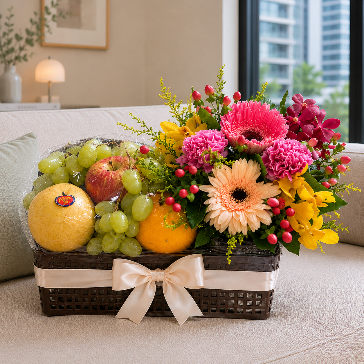 Garden Harvest (Gerberas, Carnations, Hypericum Berries) | Fruits & Flower Hamper