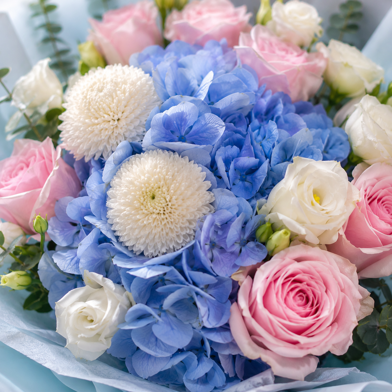 Azure Whisper (Hydrangeas, Roses, Chrysanthemum) | Flower Bouquet