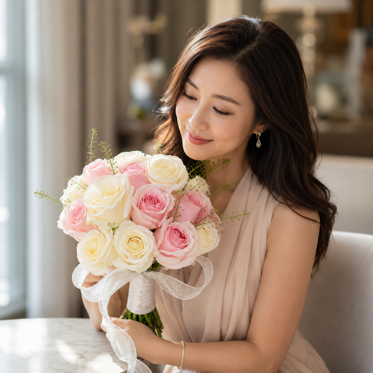 Blushing Fable (White Roses, Pink Roses) | Fresh Bouquet