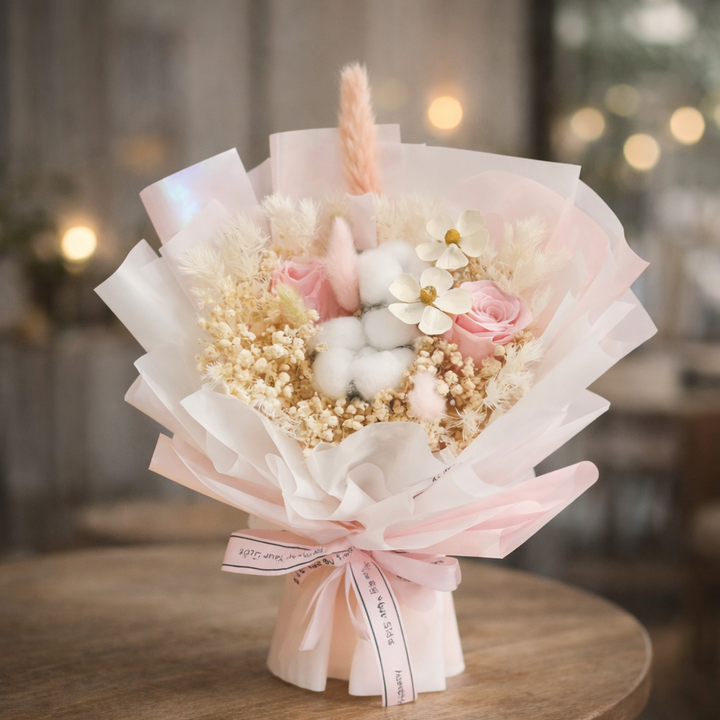 Cotton Éclat (Cotton, Baby's Breath, Roses) | Preserved Flower Bouquet