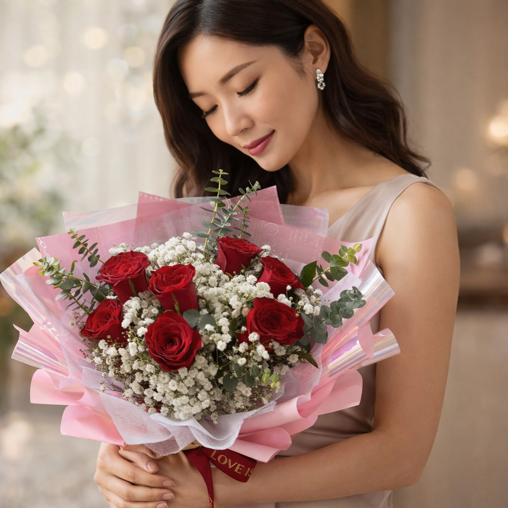 Crimson Whispers (Roses, Baby's Breath) | Fresh Bouquet