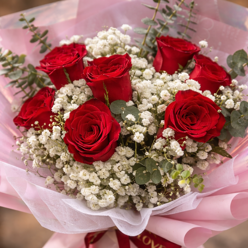 Crimson Whispers (Roses, Baby's Breath) | Fresh Bouquet