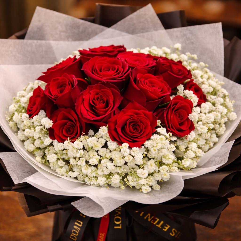 Crimson Encore (Roses, Baby's Breath) | Fresh Flower Bouquet