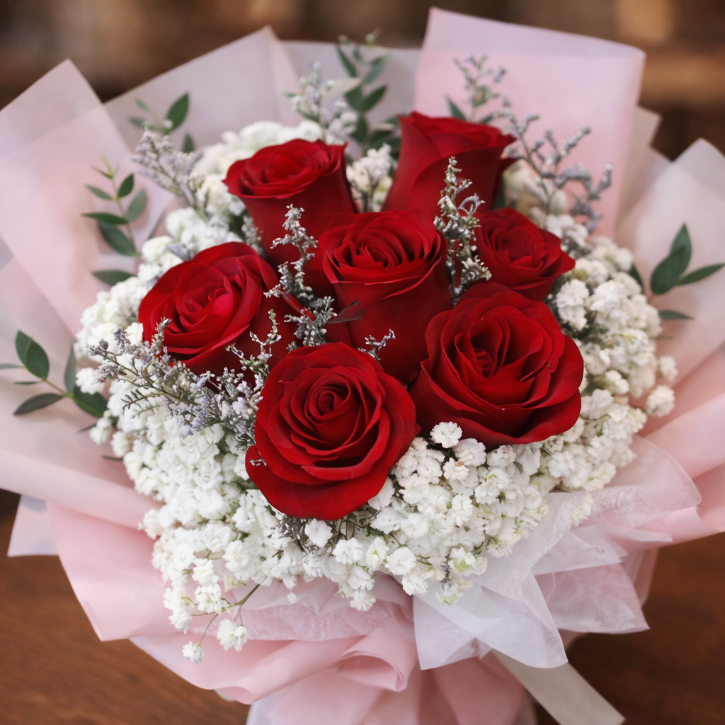 Crimson Waltz (Roses, Baby's Breath, Lavender) | Flower Bouquet