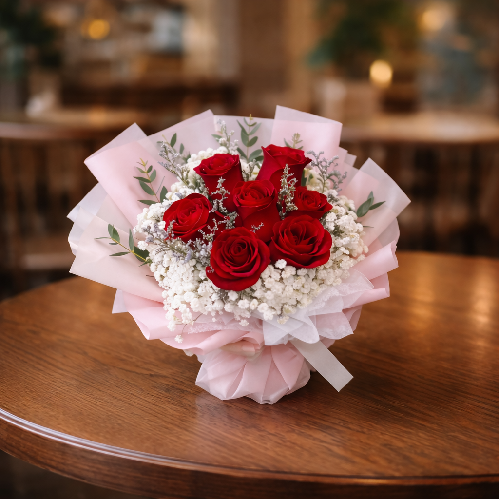 Crimson Waltz (Roses, Baby's Breath, Lavender) | Flower Bouquet