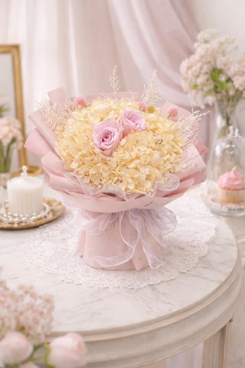Powdered Grace (Hydrangea, Baby's Breath, Pink Roses) | Preserved Flower Bouquet