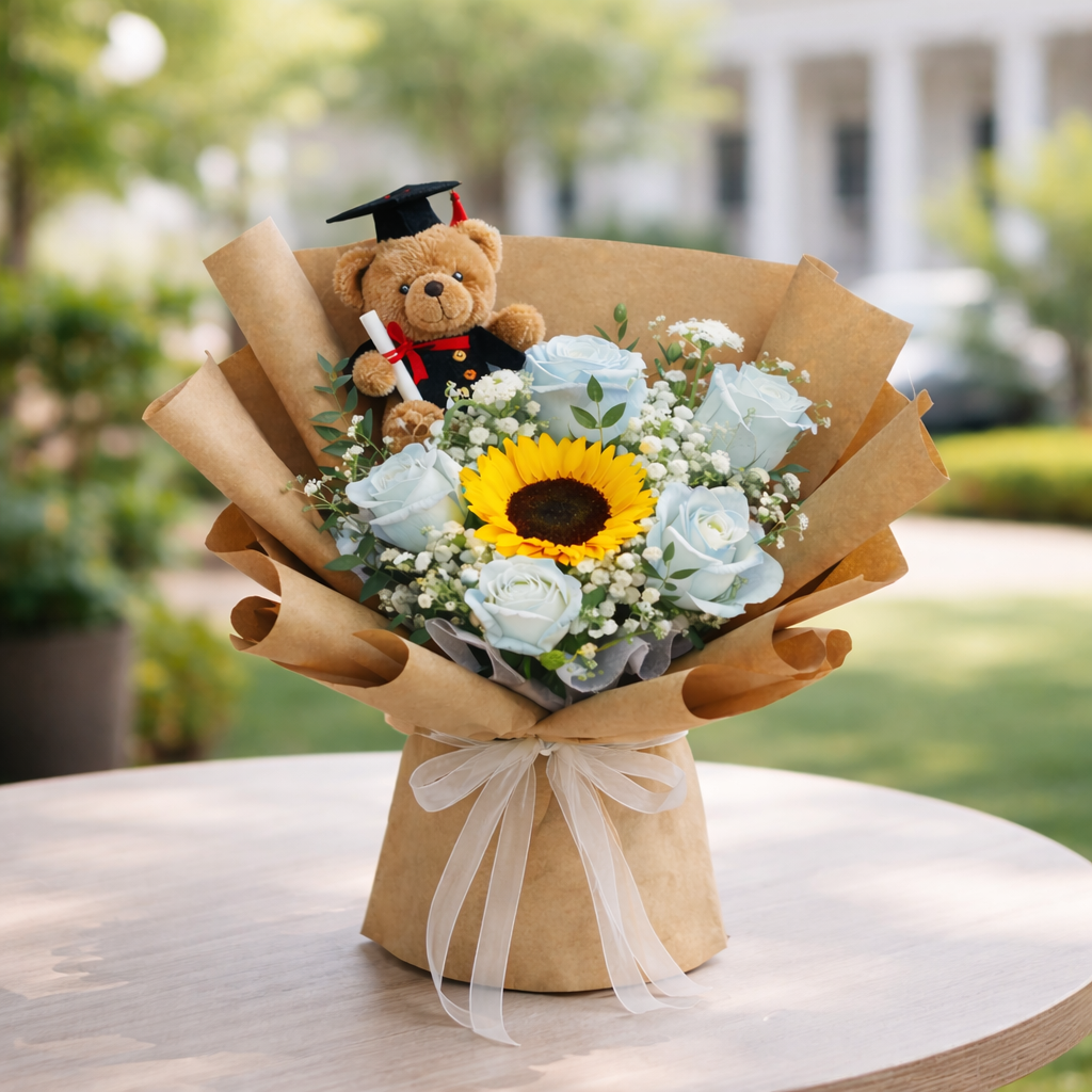 Golden Keepsake (Sunflower, White Roses, Baby’s Breath) | Fresh Flower Bouquet