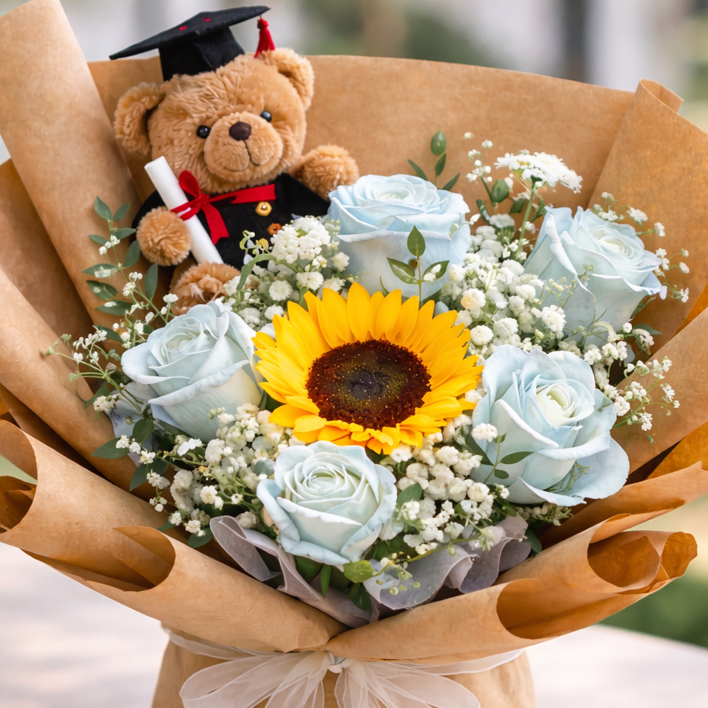 Golden Keepsake (Sunflower, White Roses, Baby’s Breath) | Fresh Flower Bouquet