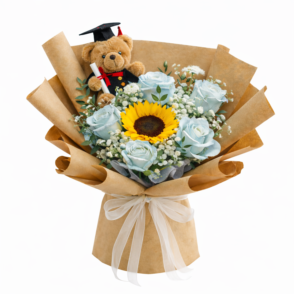 Golden Keepsake (Sunflower, White Roses, Baby’s Breath) | Fresh Flower Bouquet