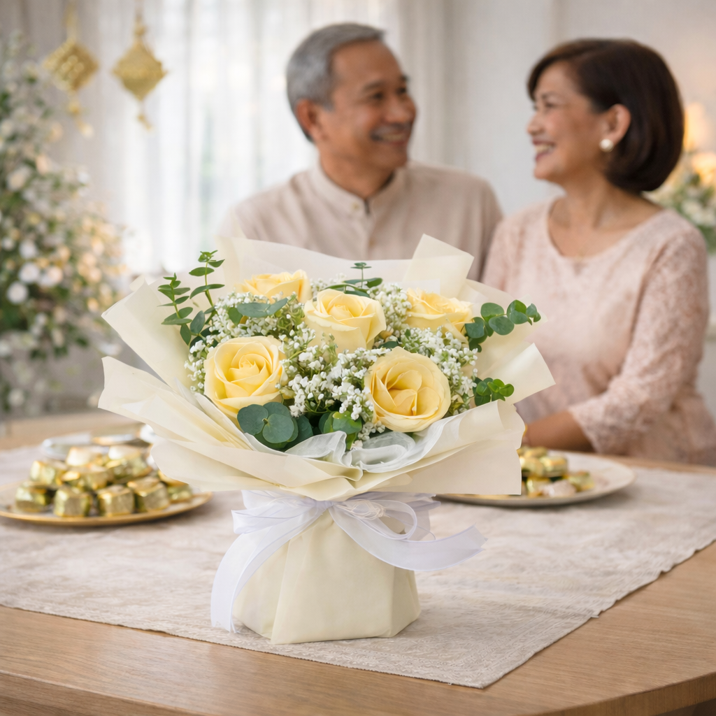 Golden Tranquil (Roses, Baby's Breath) | Fresh Bouquet