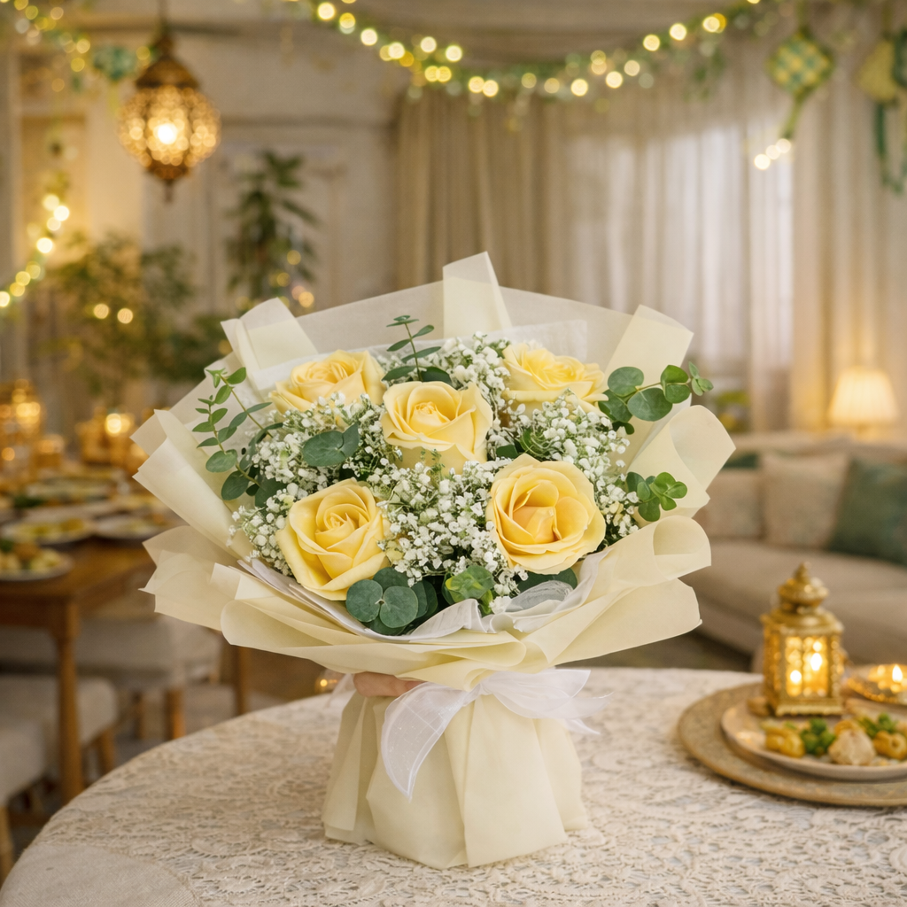 Golden Tranquil (Roses, Baby's Breath) | Fresh Bouquet