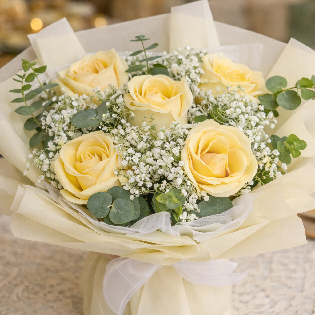 Golden Tranquil (Roses, Baby's Breath) | Fresh Bouquet