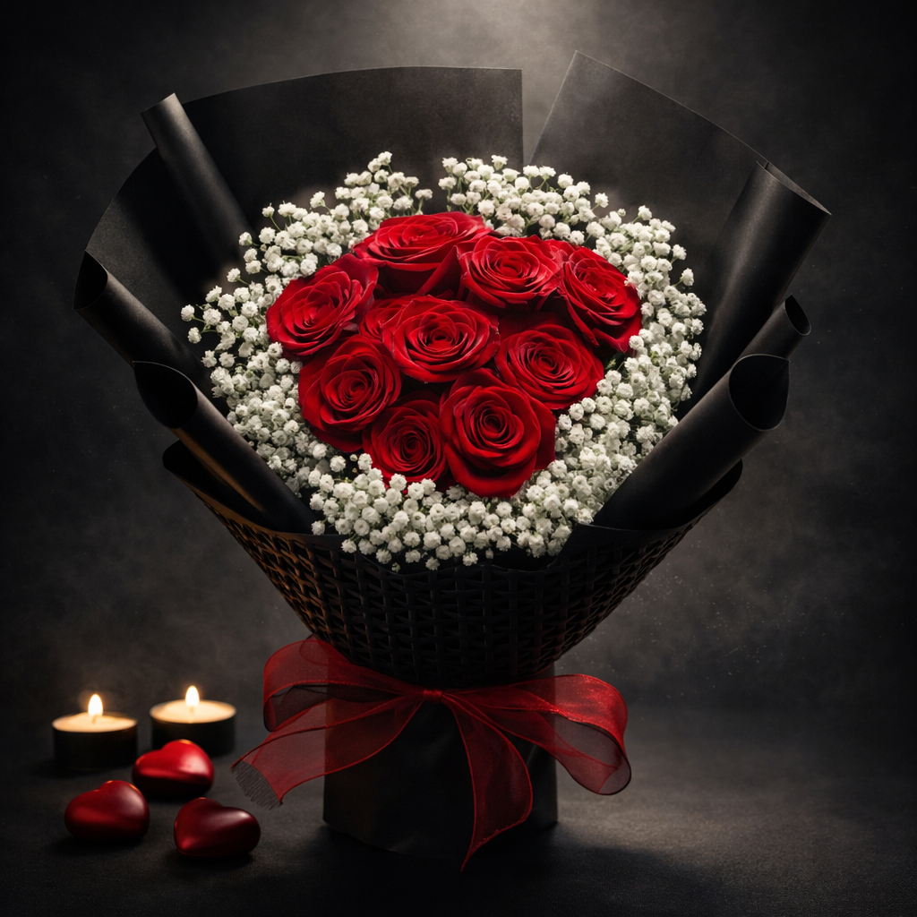 Midnight Devotion (Roses, Baby's Breath) | Fresh Flower Bouquet