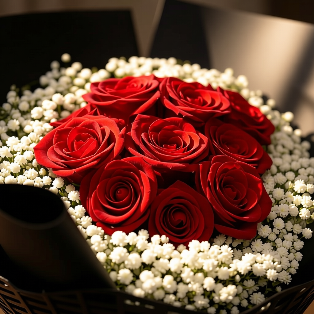 Midnight Devotion (Roses, Baby's Breath) | Fresh Flower Bouquet