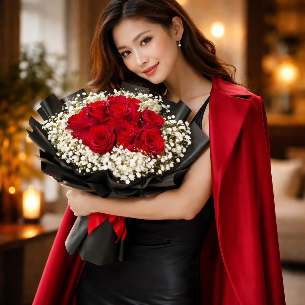 Midnight Ember (Roses, Baby's Breath) | Fresh Bouquet