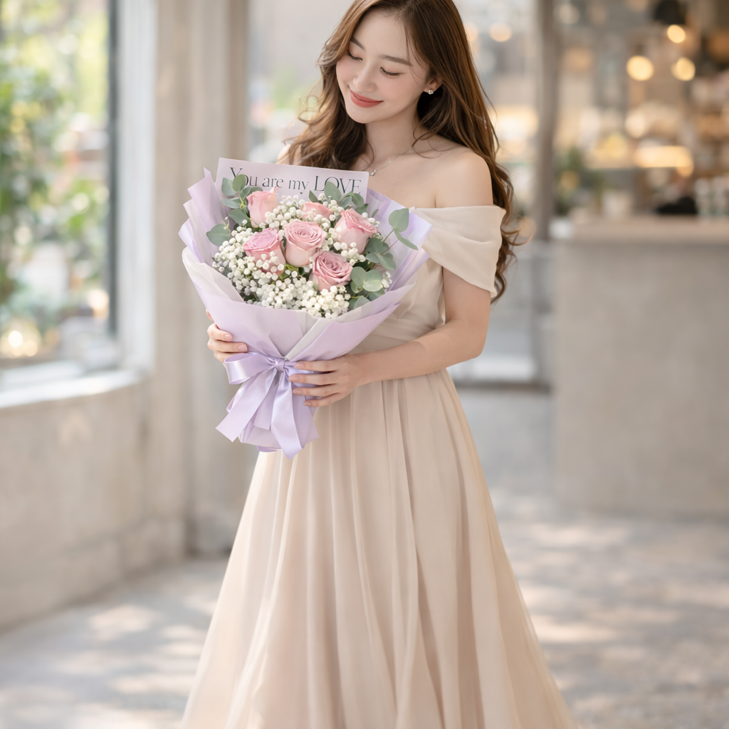 Mocha Drift (Roses, Baby's Breath) | Flower Bouquet