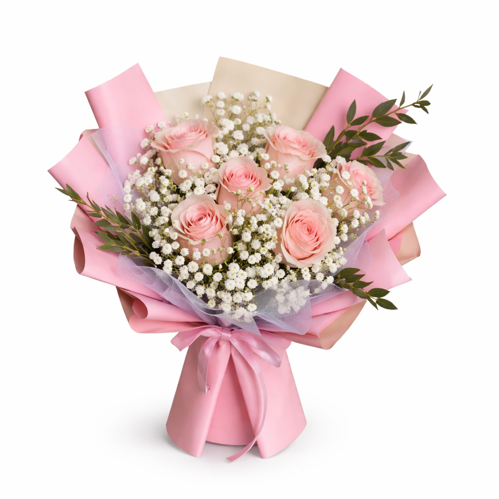 Morning Blush (Roses, Baby's Breath) | Fresh Flower Bouquet