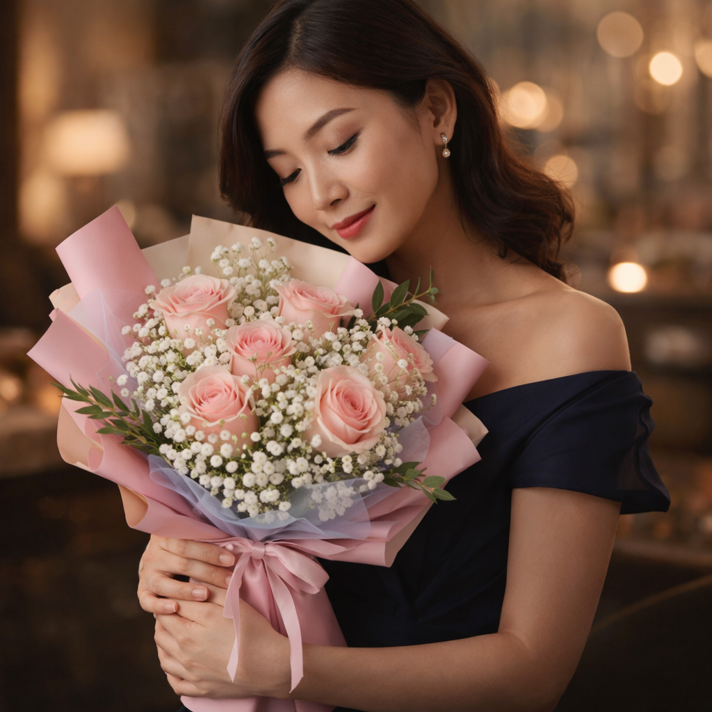 Morning Blush (Roses, Baby's Breath) | Fresh Flower Bouquet