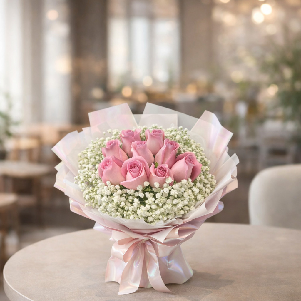 Pink Aurora (Roses, Baby's Breath) | Flower Bouquet