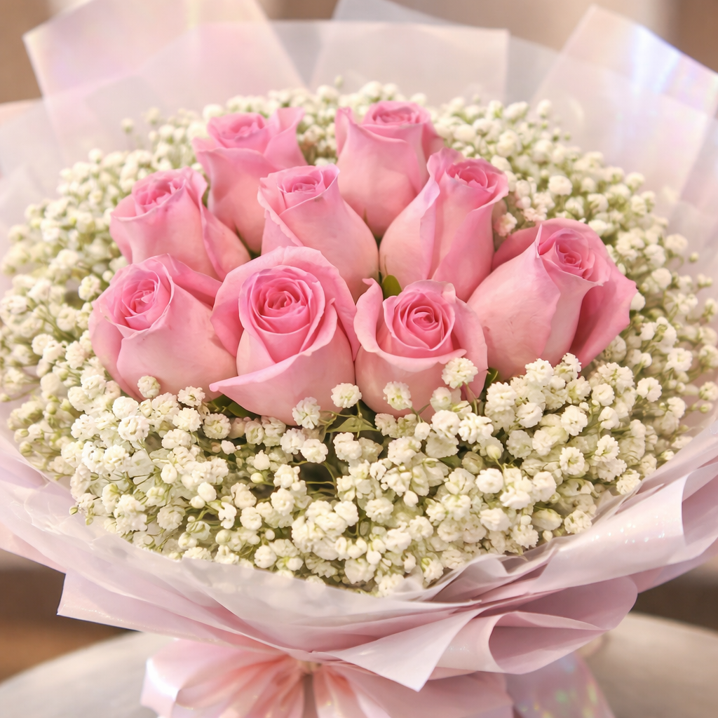 Pink Aurora (Roses, Baby's Breath) | Flower Bouquet