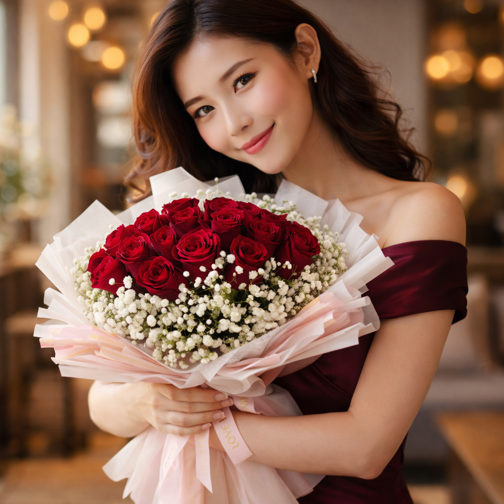 Red Velvet Whirl (Roses, Baby's Breath) | Flower Bouquet
