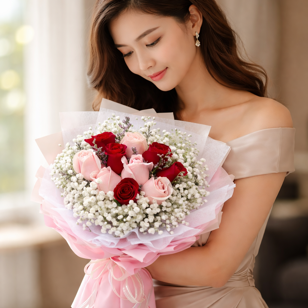 Rosette Kiss (Roses, Baby’s Breath, Caspia) | Fresh Flower Bouquet