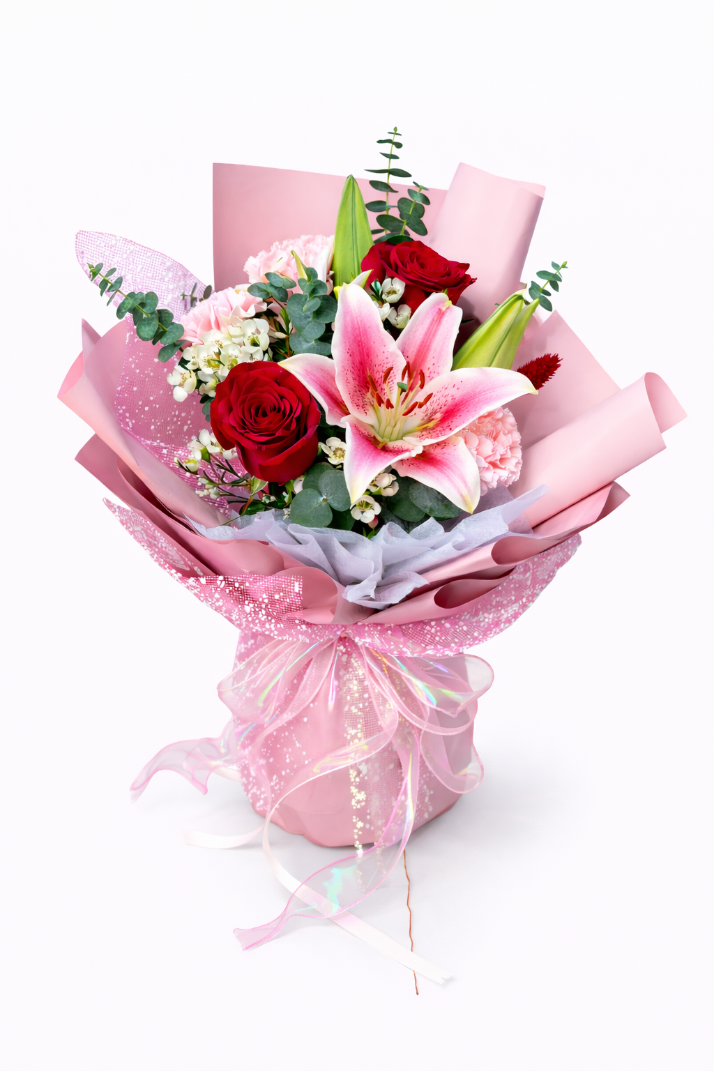 Rosy Starlight (Lilies, Red Roses, Carnations) | Fresh Flower Bouquet