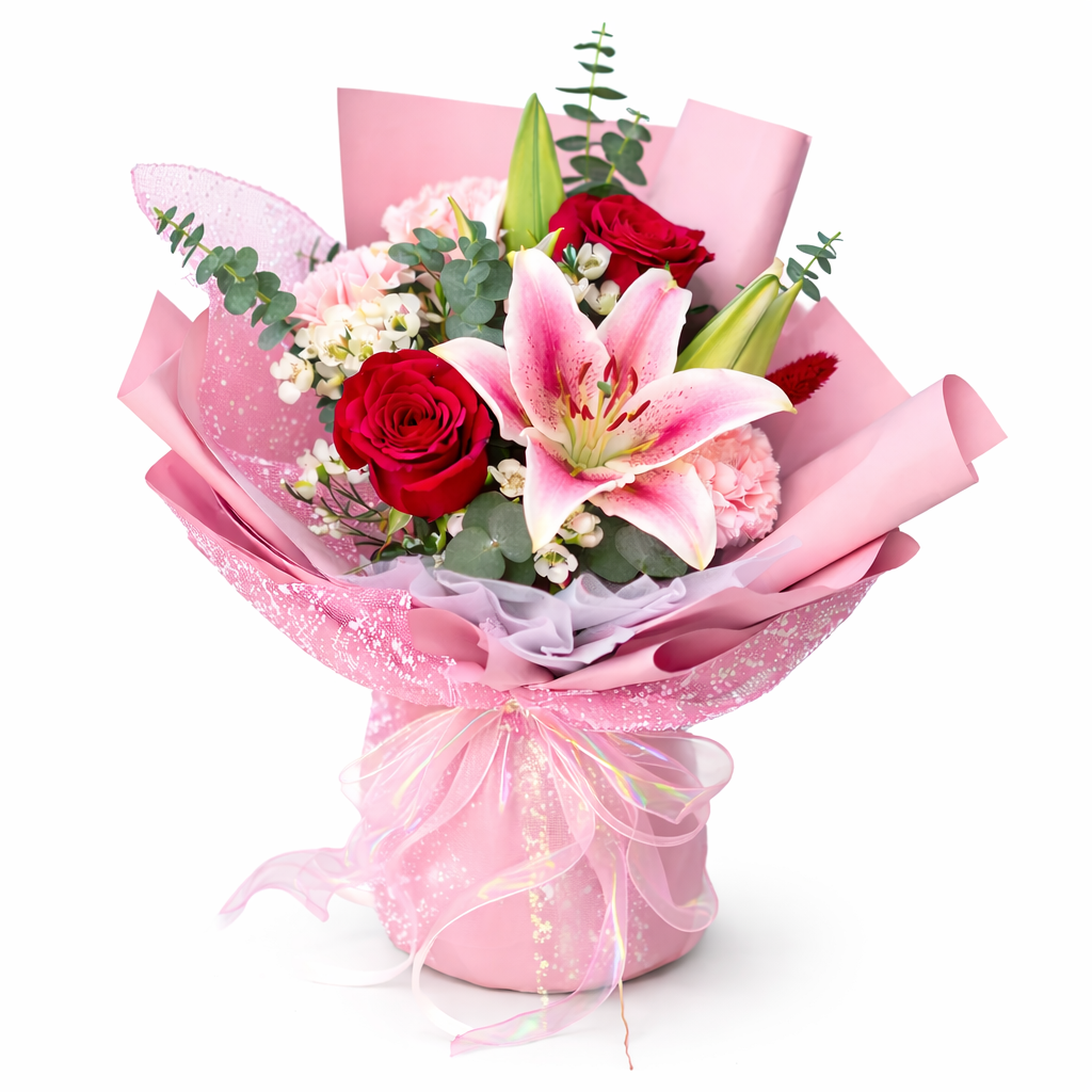 Rosy Starlight (Lilies, Red Roses, Carnations) | Fresh Flower Bouquet