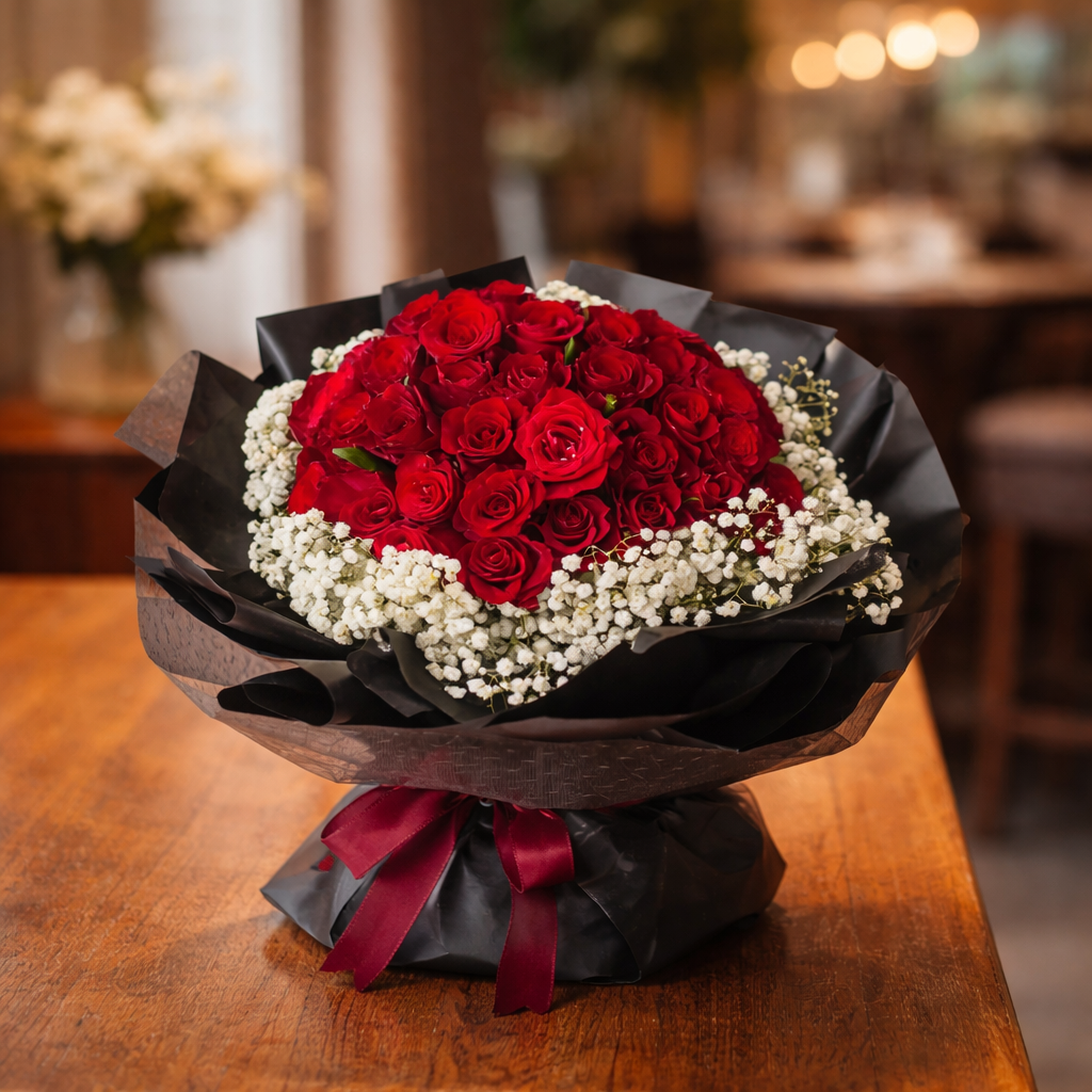Royal Ember (Roses, Baby's Breath) | Flower Bouquet