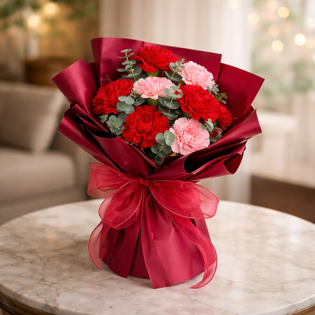 Ruby Poise (Carnations, Eucalyptus) | Fresh Flower Bouquet