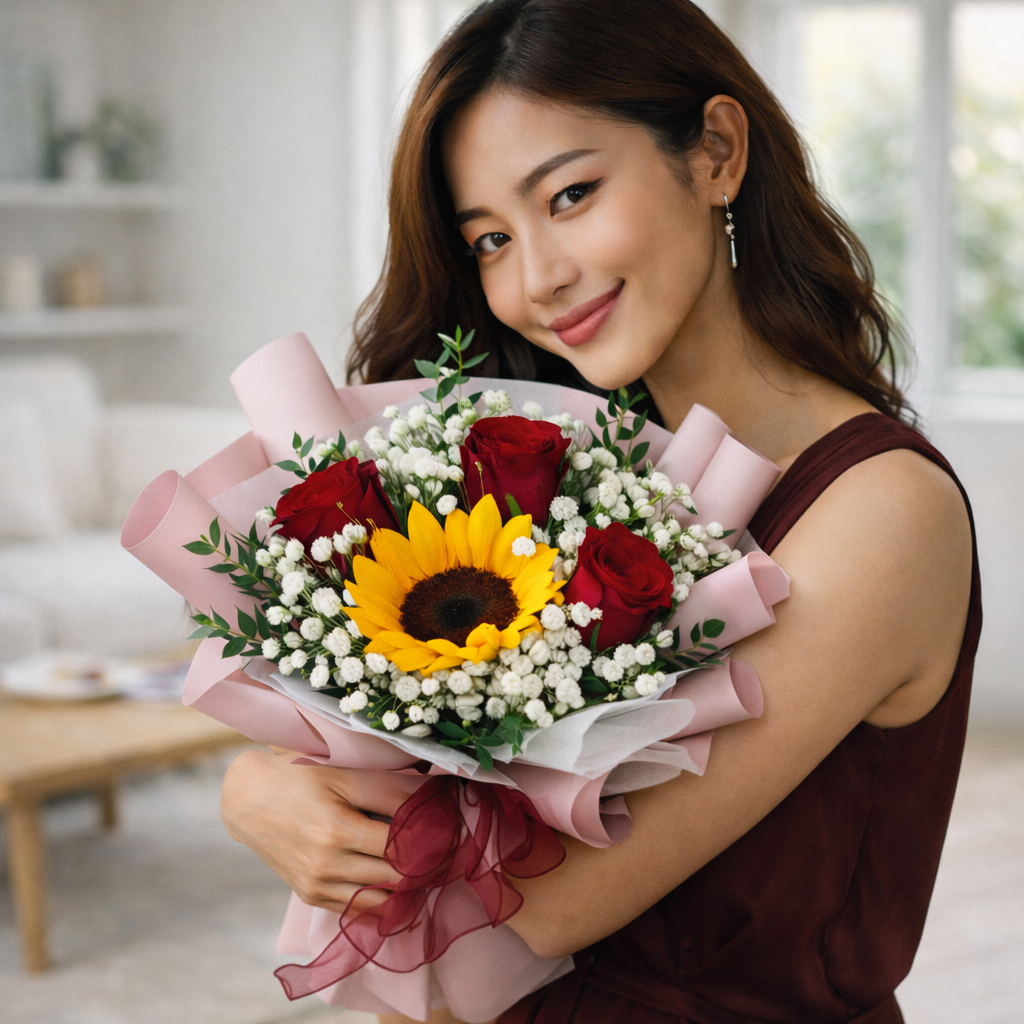 Scarlet Bloomlight (Sunflowers, Roses, Baby's Breath) | Flower Bouquet
