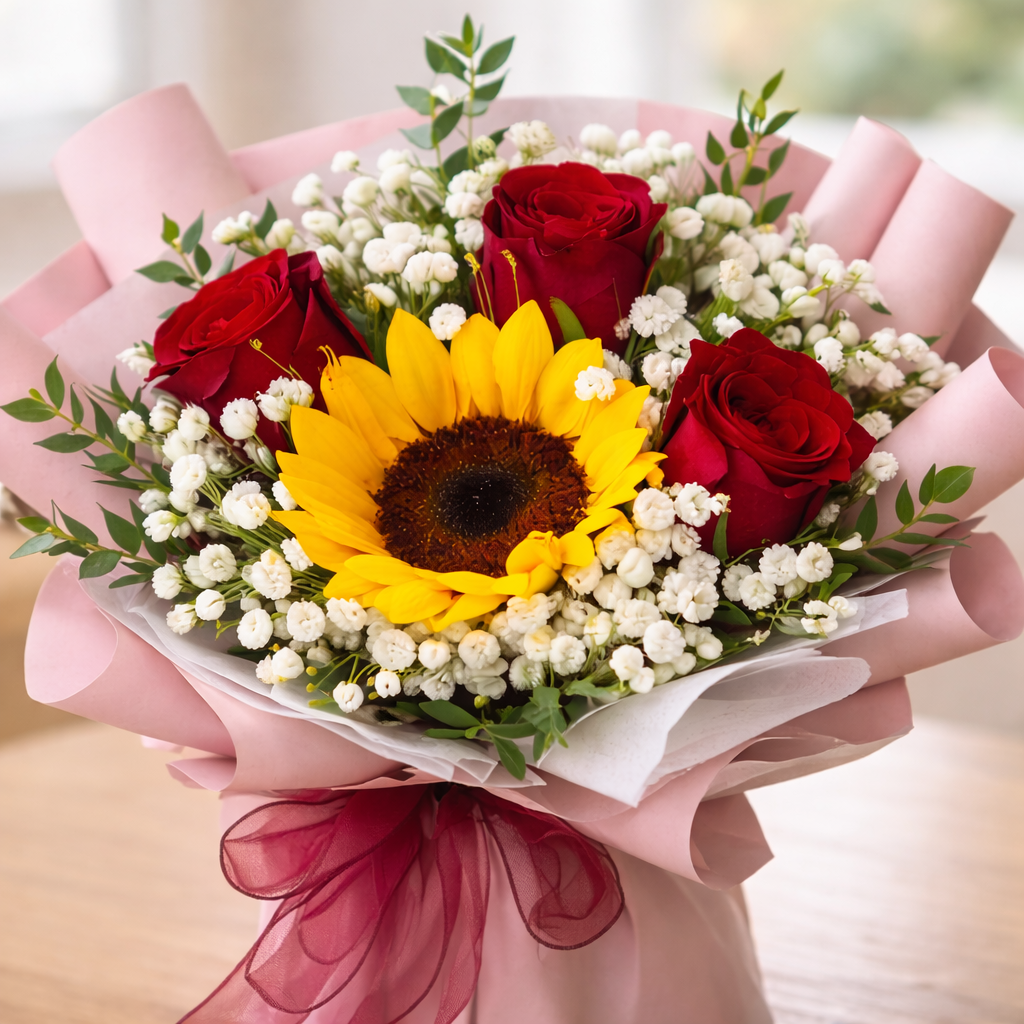 Scarlet Bloomlight (Sunflowers, Roses, Baby's Breath) | Flower Bouquet