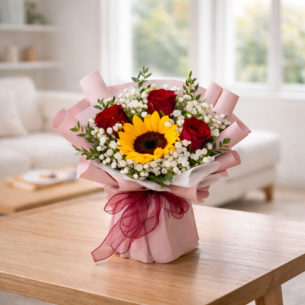 Scarlet Bloomlight (Sunflowers, Roses, Baby's Breath) | Flower Bouquet