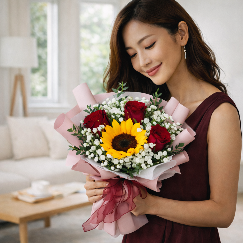 Scarlet Bloomlight (Sunflowers, Roses, Baby's Breath) | Flower Bouquet