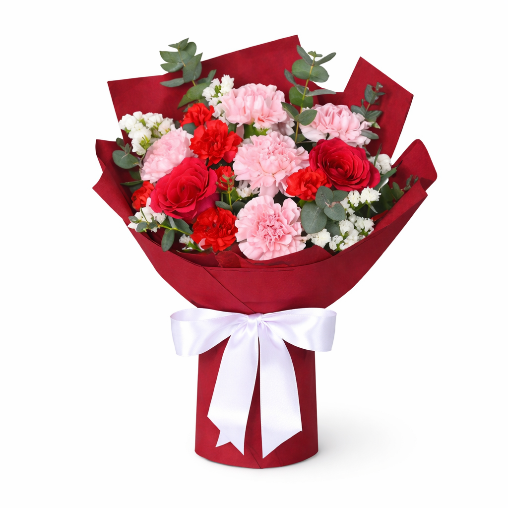 Scarlet Grace (Carnations, Roses, Statice) | Flower Bouquet