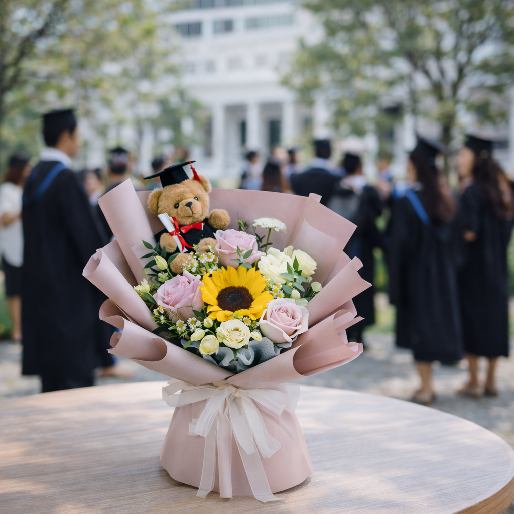 Scholar Bloom (Sunflower, Roses, Eustoma) | Fresh Flower Bouquet