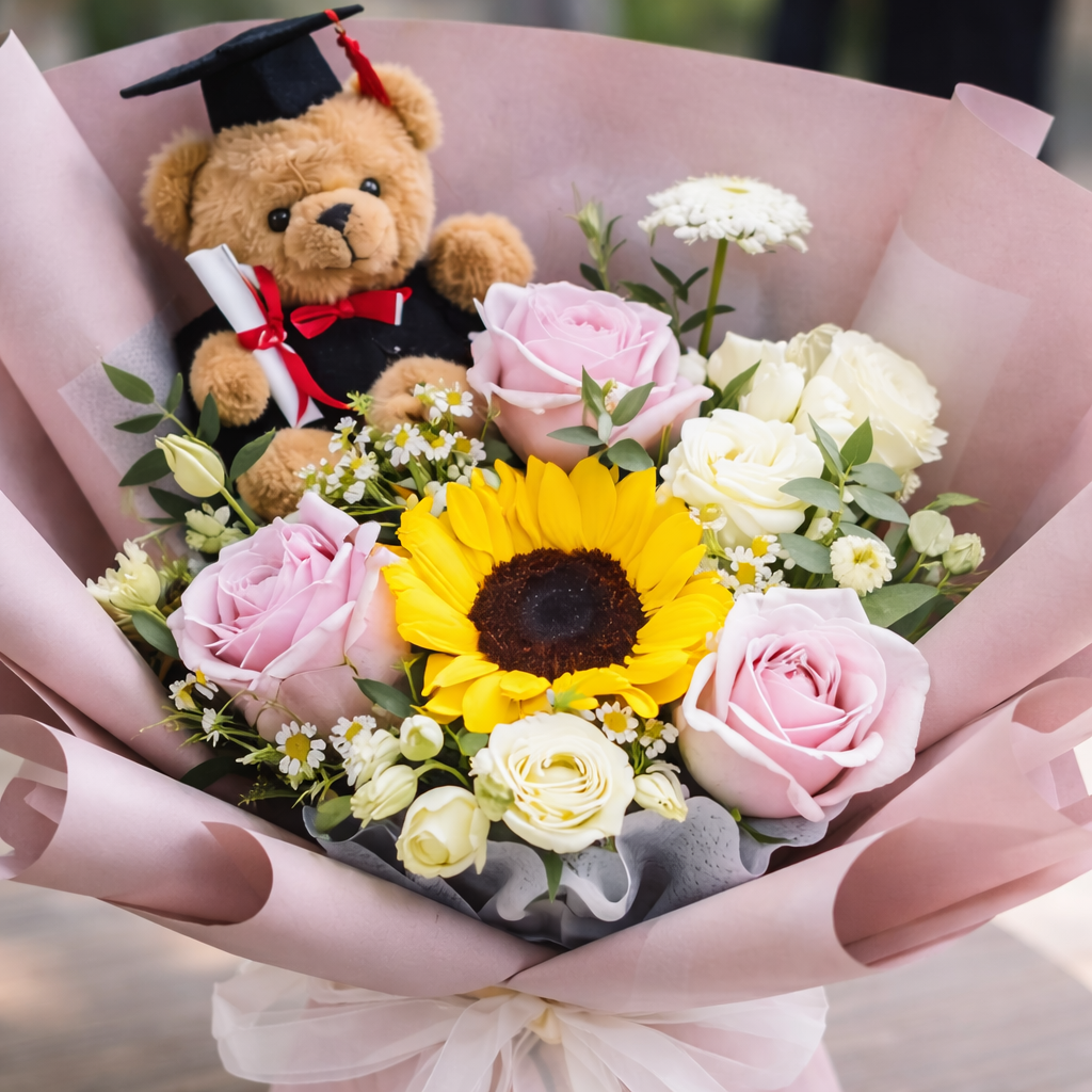 Scholar Bloom (Sunflower, Roses, Eustoma) | Fresh Flower Bouquet