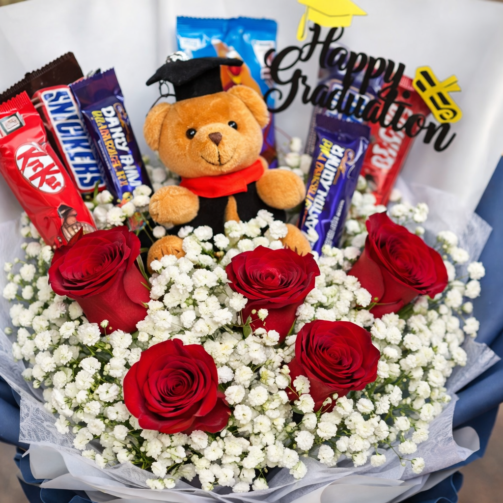 Scholar’s Delight (Roses, Baby's Breath) | Chocolate Bouquet