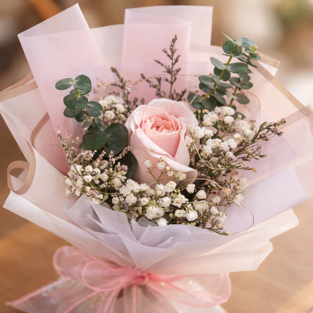 Serene Gesture (Roses, Baby's Breath, Lavender) | Fresh Bouquet