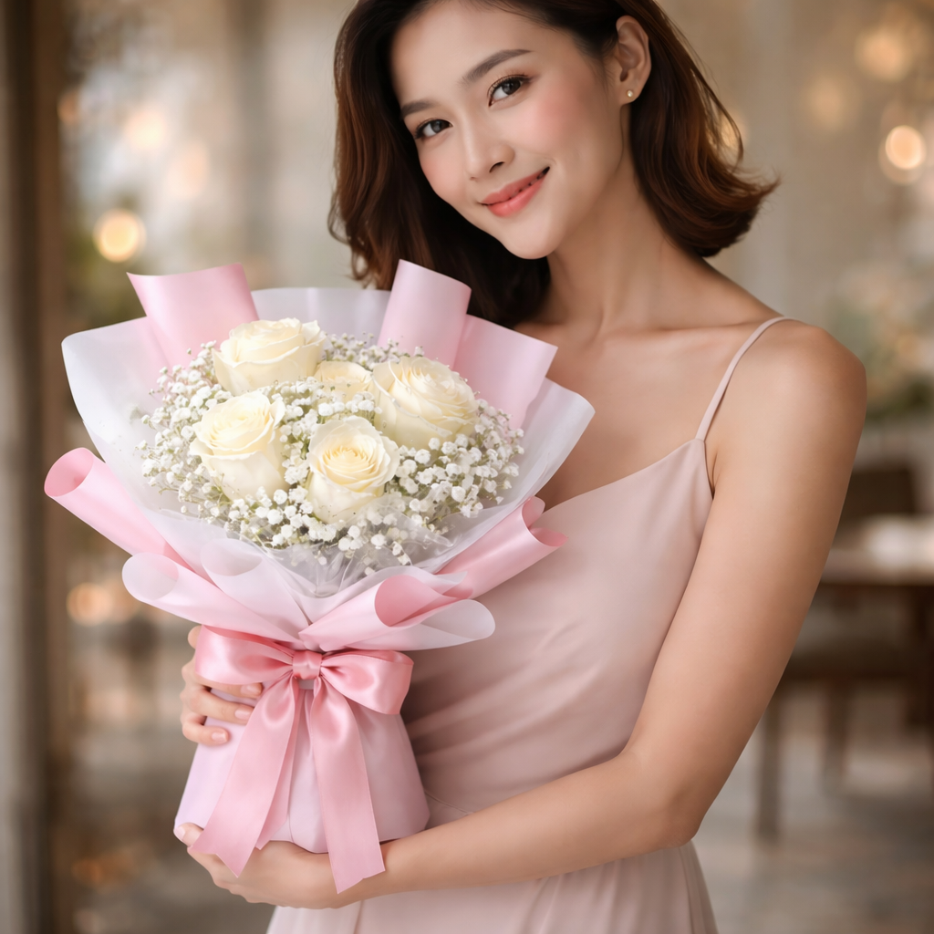 Silent Ivory (Roses, Baby's Breath) | Fresh Flower Bouquet