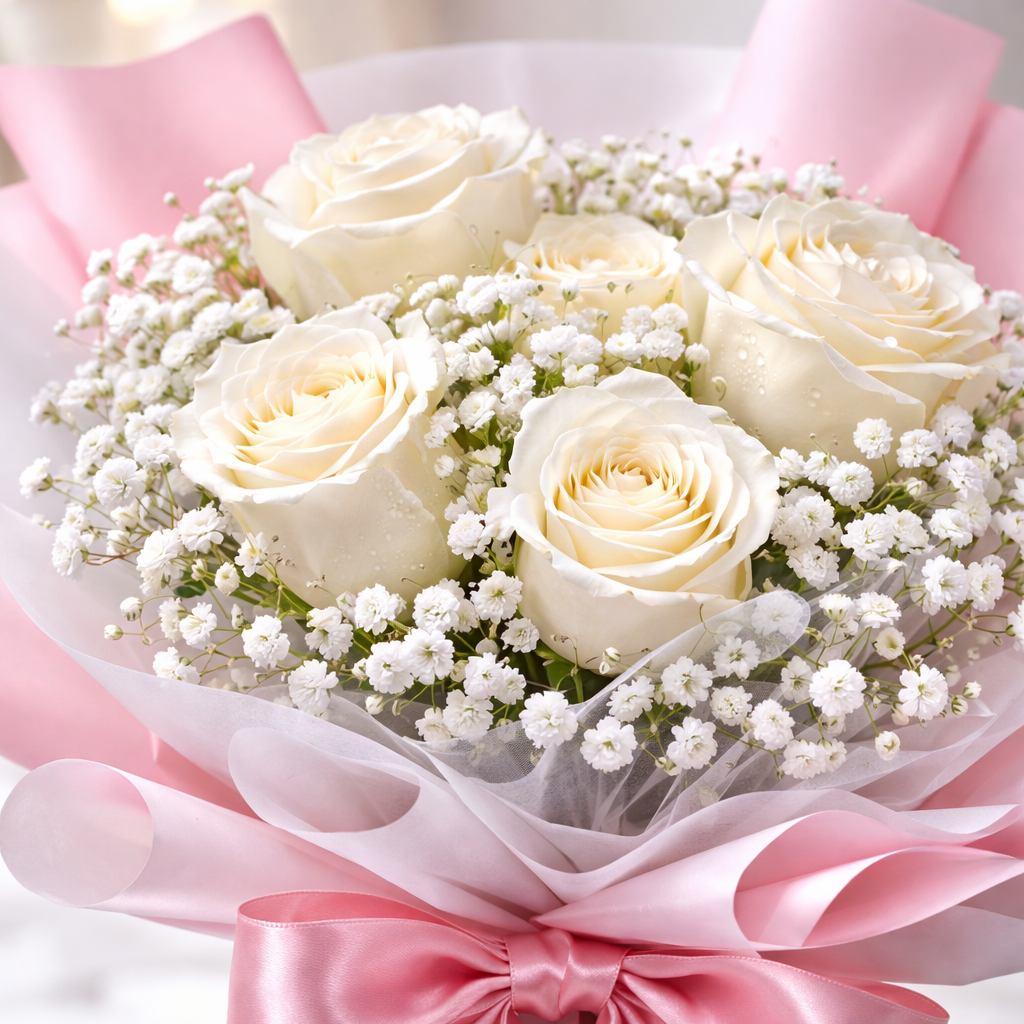 Silent Ivory (Roses, Baby's Breath) | Fresh Flower Bouquet