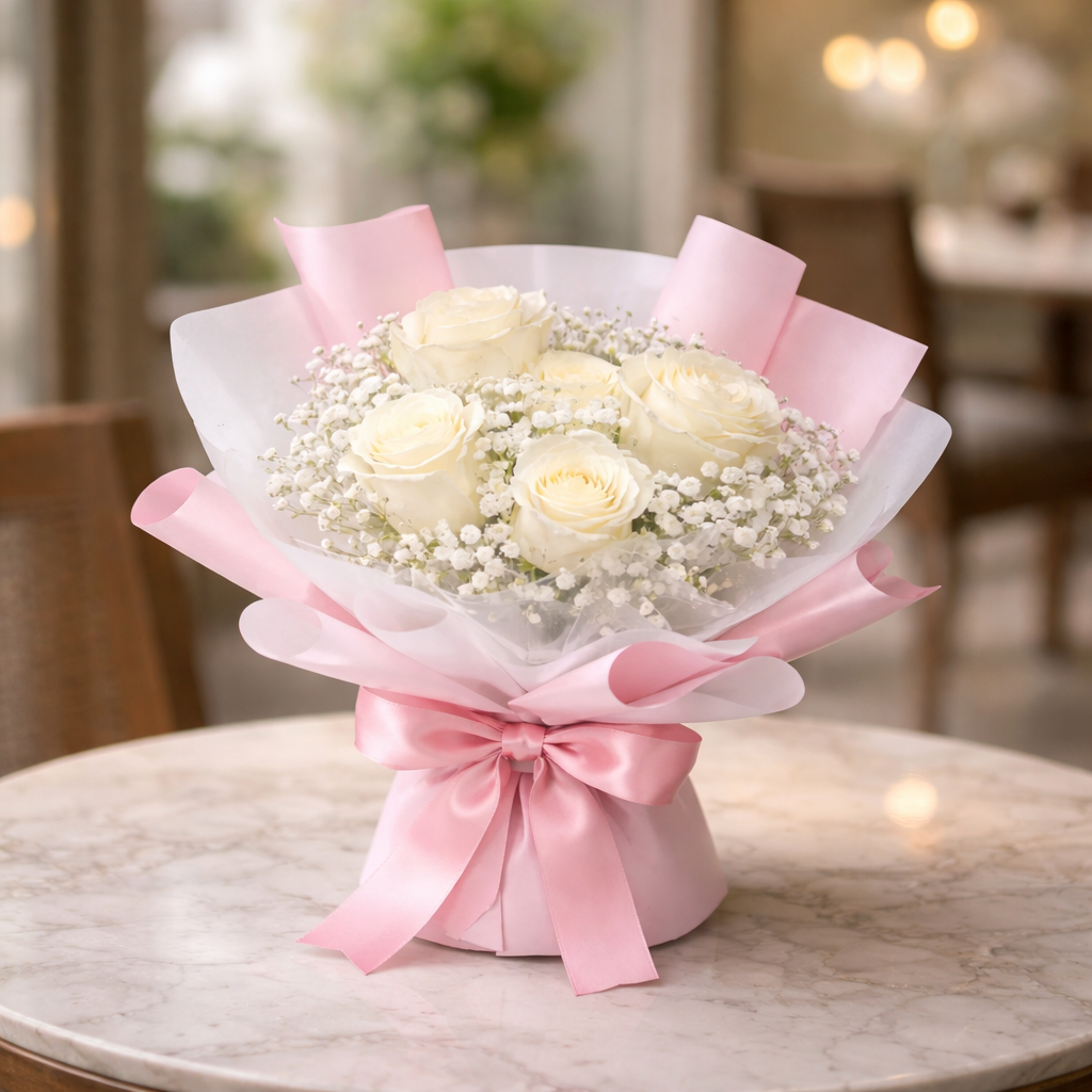 Silent Ivory (Roses, Baby's Breath) | Fresh Flower Bouquet